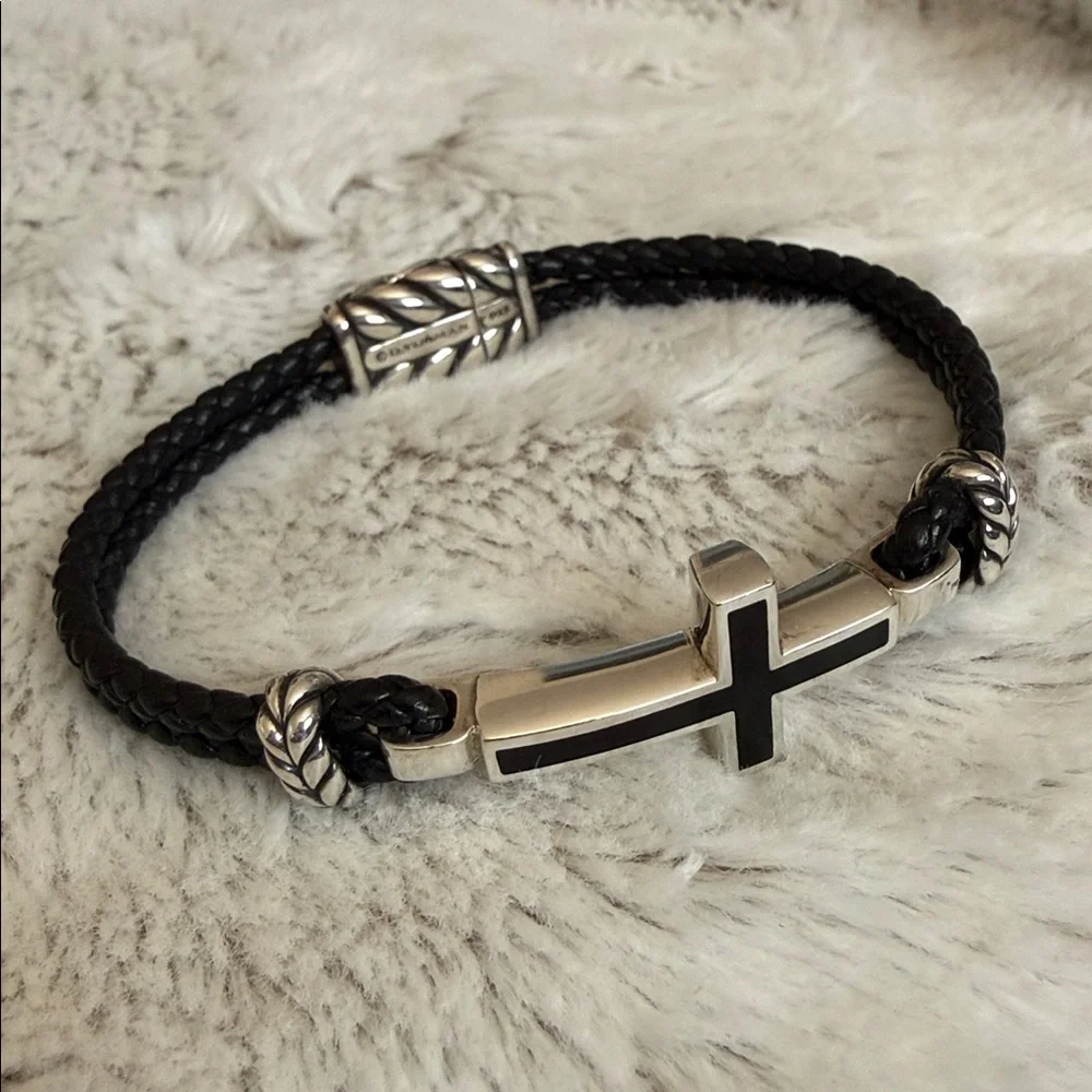 David Yurman Black Leather Bracelet with Silver Cross Accent
